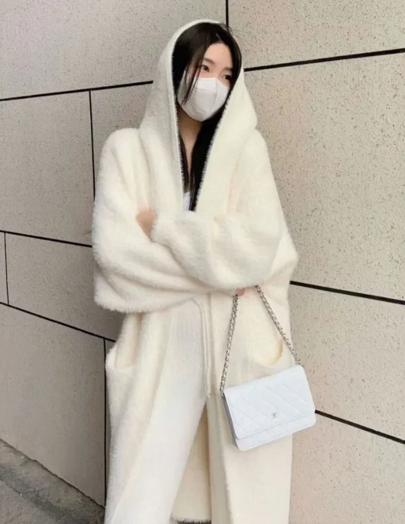 White Long Cardigan Fluffy Pocket Knitted Fuzzy Hooded Coat for Women 2024 Autumn Winter Fashion Clothes Korean Popular Style