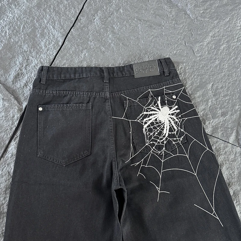 New Arrival DERSCHUTZE Unisex Jeans Retro Faded Black Loose Denim Pants Full Cobweb Graphic Embroidery Gothic Casual Pants