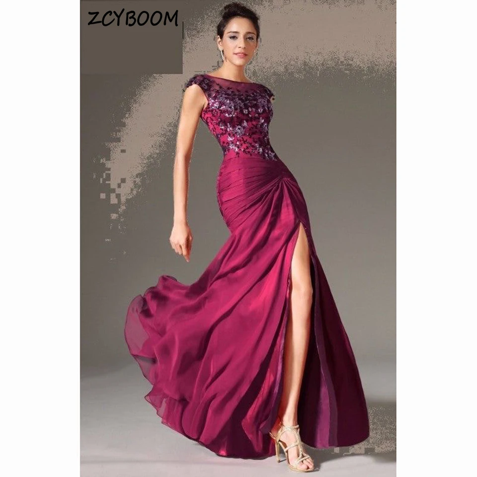 

Elegant Rose Purple O-Neck Sleeveless Appliques Evening Dress 2025 Mermaid Floor Length Side Slit Chiffon Zipper Prom Dress