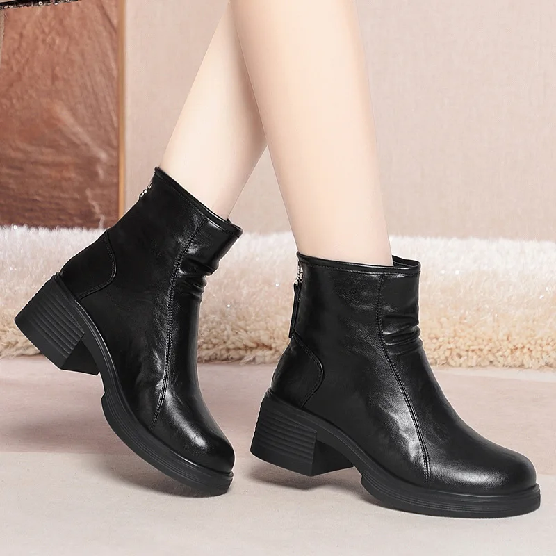 

5cm All Match Elegant Comfortable Women's Shoes Winter Soft Leather Boots 2025 Blcok Heels Short Warm Fur Ankle Boots Office Mom