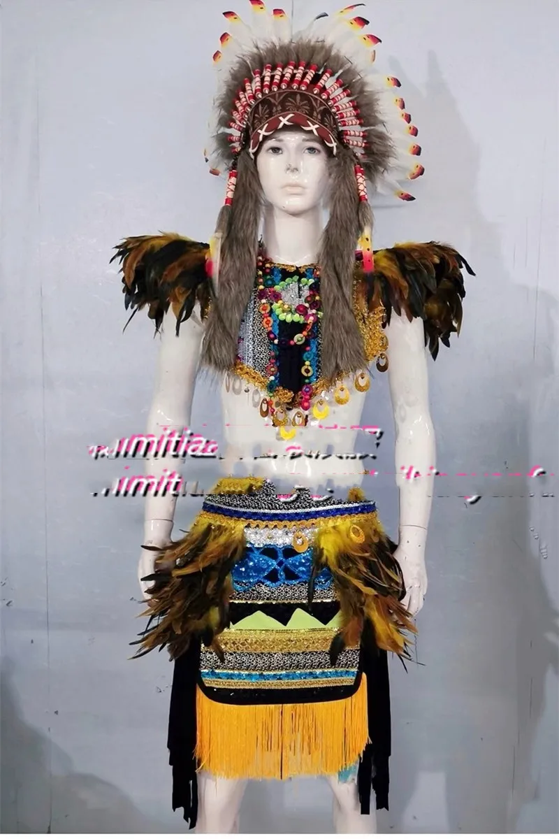 Nightclub Bar African Tribe Jungle Party Indian Tribe Male GOGO Feather Headgear Performance Clothing