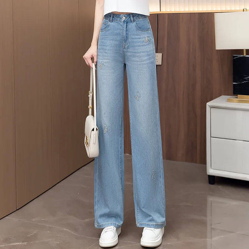 

Blue Butterfly Rhinestone Wide-Leg Jeans for Women, Autumn High-Waisted Versatile Unique Slimming Floor-Length Pants