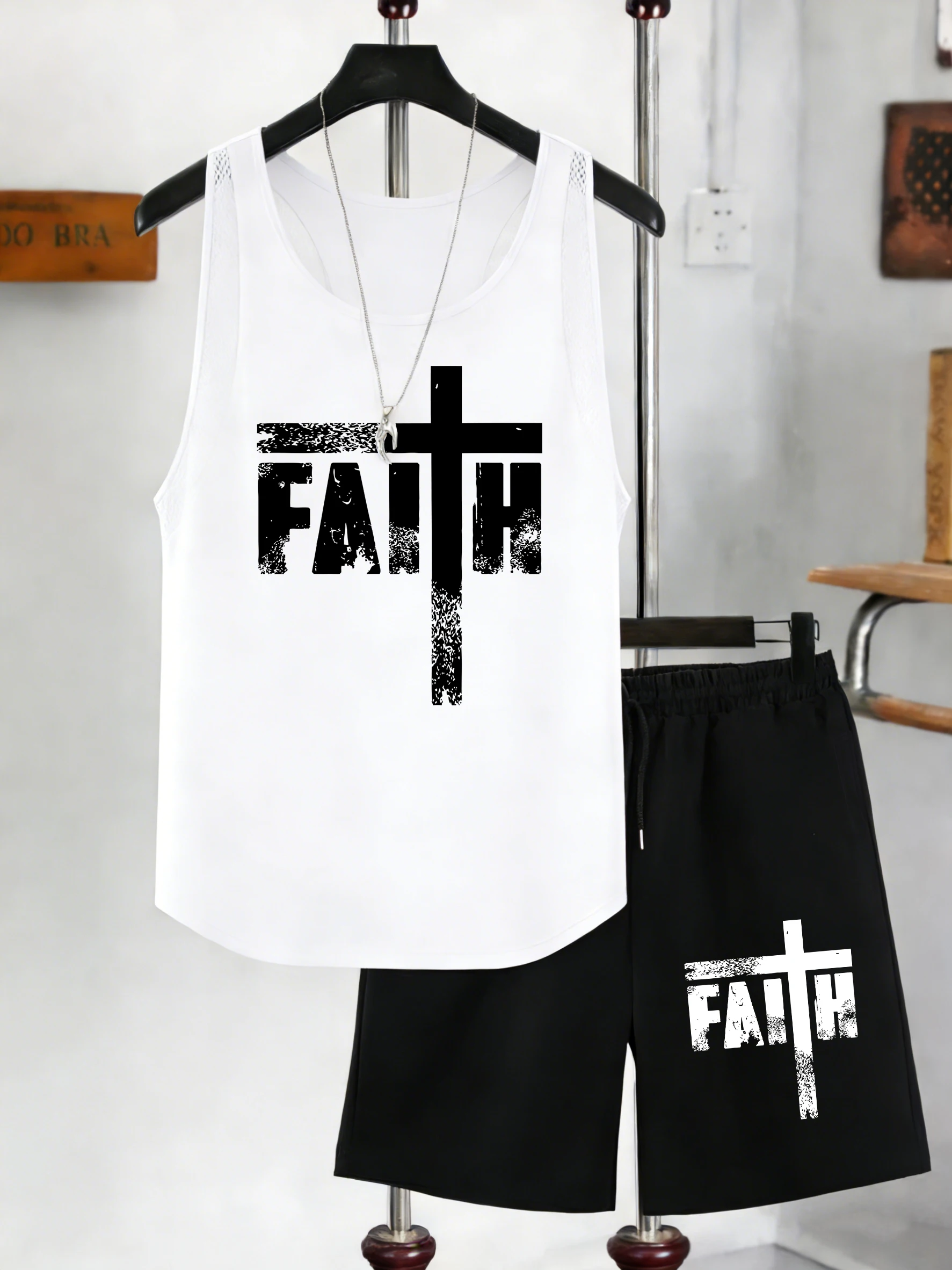 

Faith Art Letter Print Mesh Tank Tops Set Men Sleeveless Crewneck Vest Summer Wide-Leg Shorts Breathable All-Match Pants