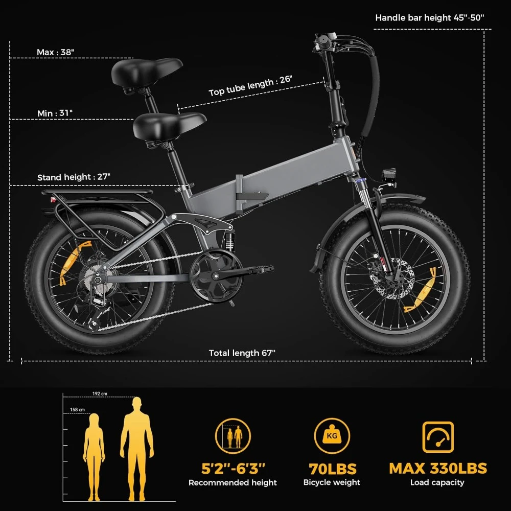 Elektrische fiets voor volwassenen, 1400 W piekmotor, ontwerp met volledig geveerd systeem, 20''*4.0 dikke band, opvouwbaar, fietsen met 7 versnellingen