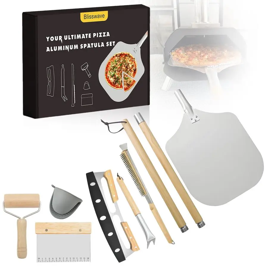 

7piece pizza oven accessory set is perfect for making pizza. Comprises a pizza shovel, an oven brush, a bubble Popper deformer,