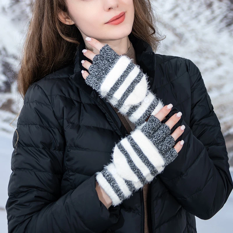 3 Pairs Knitted Convertible Gloves Winter Fingerless Gloves Half Finger Mittens with Flip Cover for Women Men Multicolor