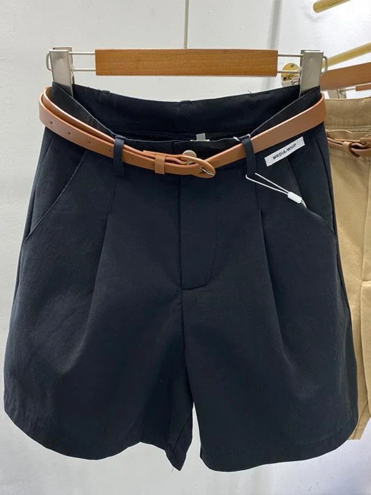 Summer Women\'s Shorts 2025 Loose Casual Cotton Short with Belt Solid Khaki Black Knee Length Wide Leg Bermuda Shorts for Women
