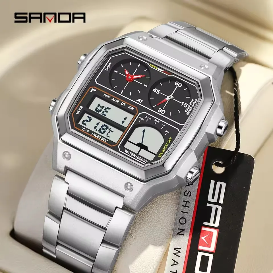 SANDA 6257 Orologio elettronico da uomo Calendario della moda Luminoso cinturino in acciaio inossidabile impermeabile Sveglia Orologi digitali sportivi