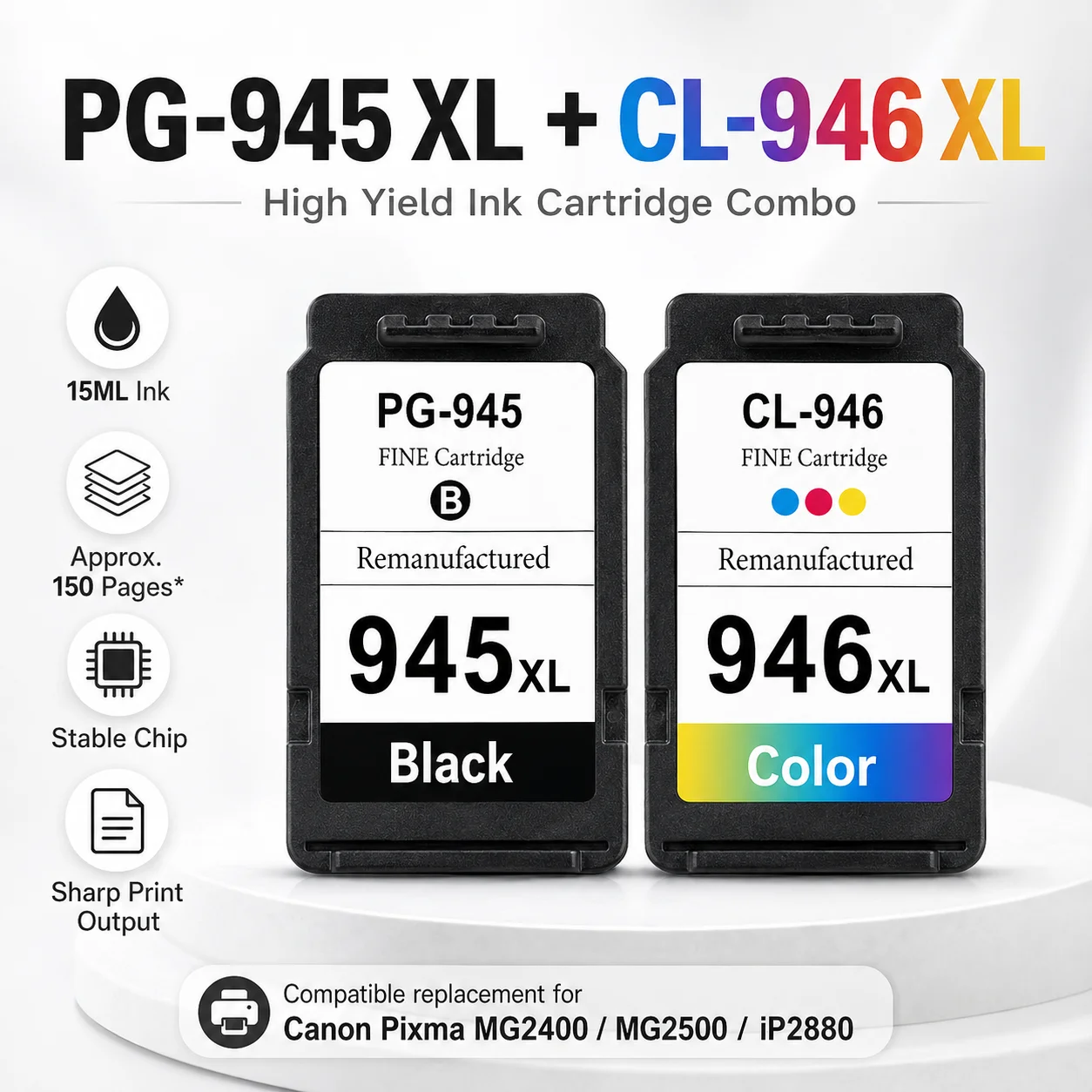PG-945XL CL-946XL Ink Cartridge High Yield Black Color Combo Compatible for Canon PIXMA MG2400 MG2500 iP2880 Printer