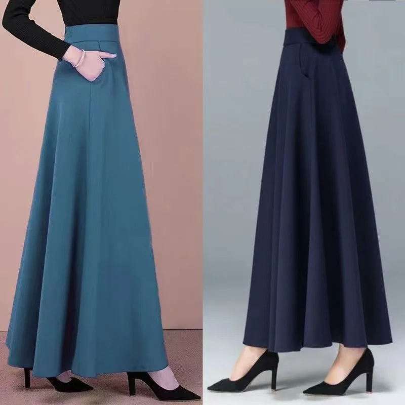 

High Waist Midi Skirt for Middle-Aged And ly Mothers Spring Autumn Pure Color Square Dance Full Skirt A-Line Silhouette