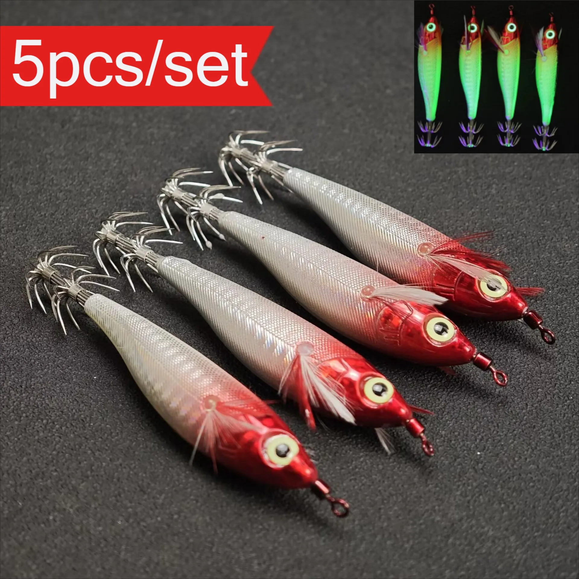 5 Stück/Set 10cm/9g Leuchtende Garnelen-Angelköder Tintenfisch-Jig-Haken Garnelen-Köder