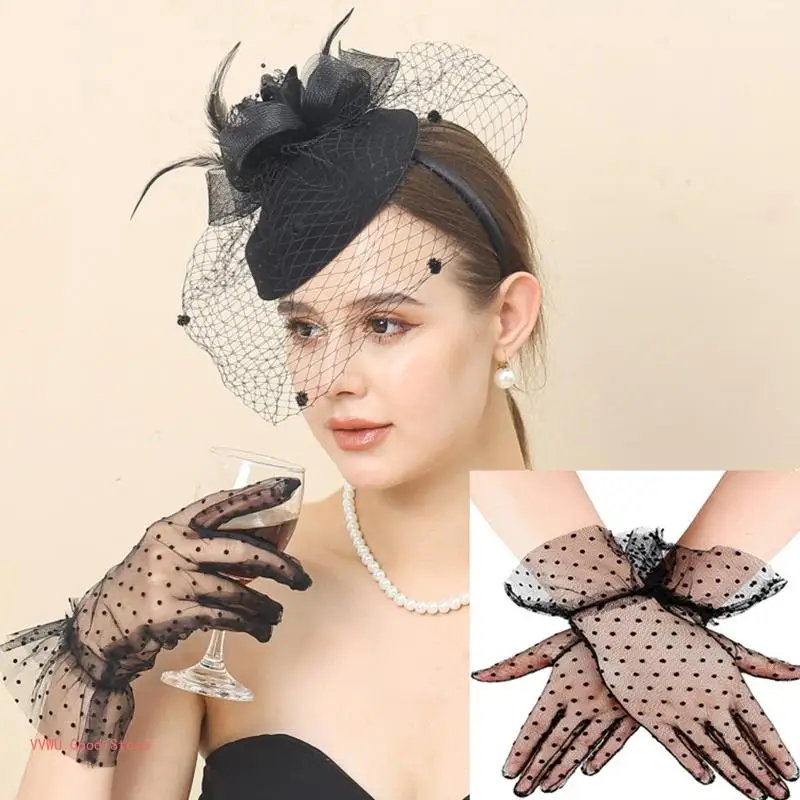 Pack of 2 Fascinators Hat Mesh Gloves Set Women Cocktail Tea Party Accessories