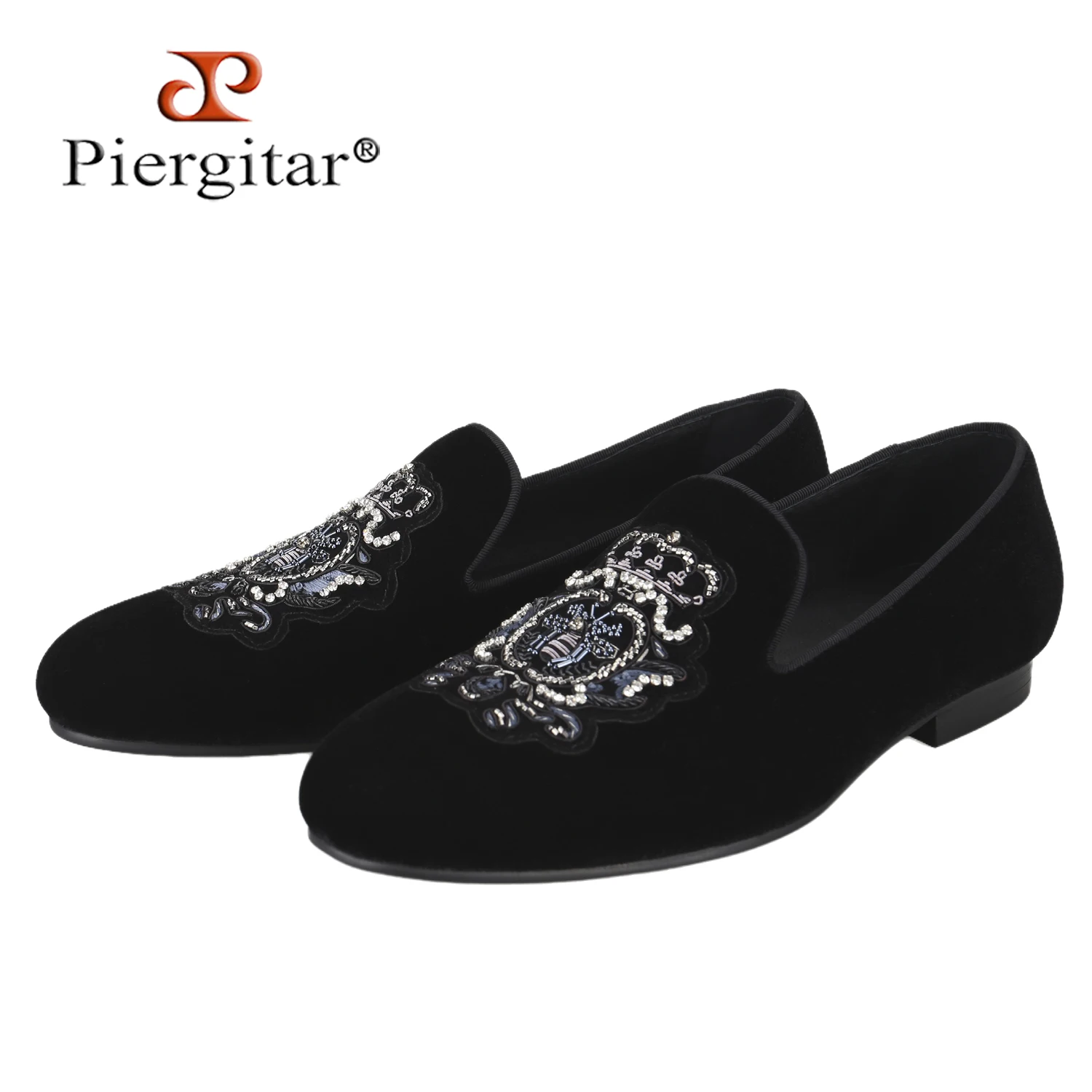 Piergitar High Quality Black Velvet Shoes With Handmade Crown/Bee Embroidery Patch Same As The Luxury Brand Men Slip-On Loafers