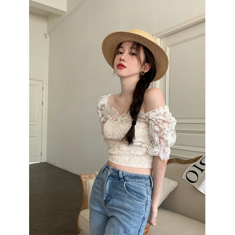 MEXZT Elegant Slash Neck Shirts Women Summer Lace Patchwork Crop Tops Sweet Korean Square Collar Puff Short Sleeve Slim Blouses