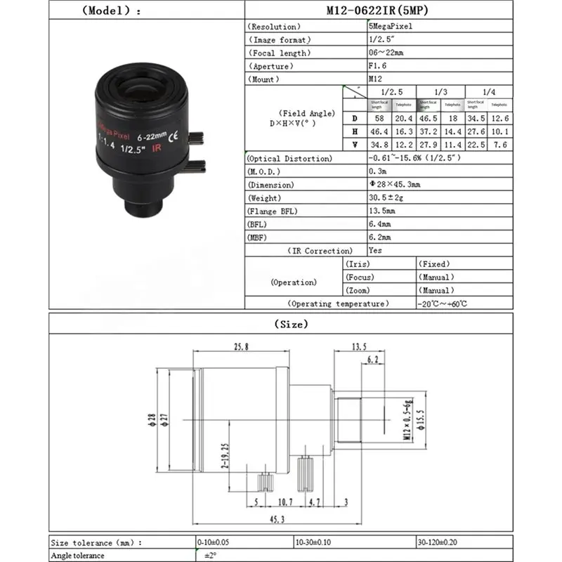 Manual-Focus 5MP 6-22Mm HD Camera Lens CCTV Lens 1/2.5