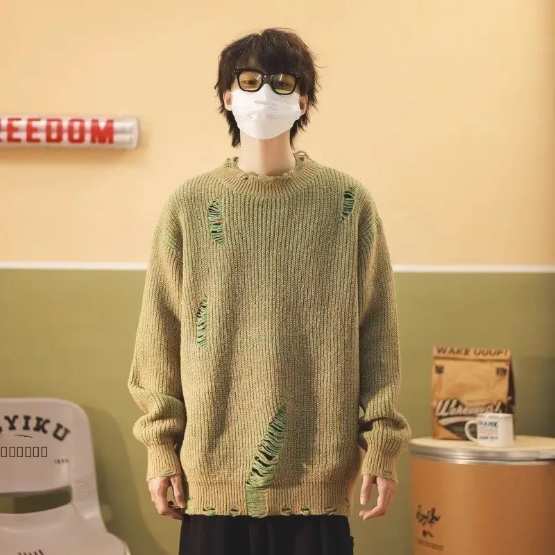 

Retro American Casual Loose ex round Ne Knitted Sweater Autumn Winter Hole Punching Warm Soft Polyester Fiber Zipper Cl...