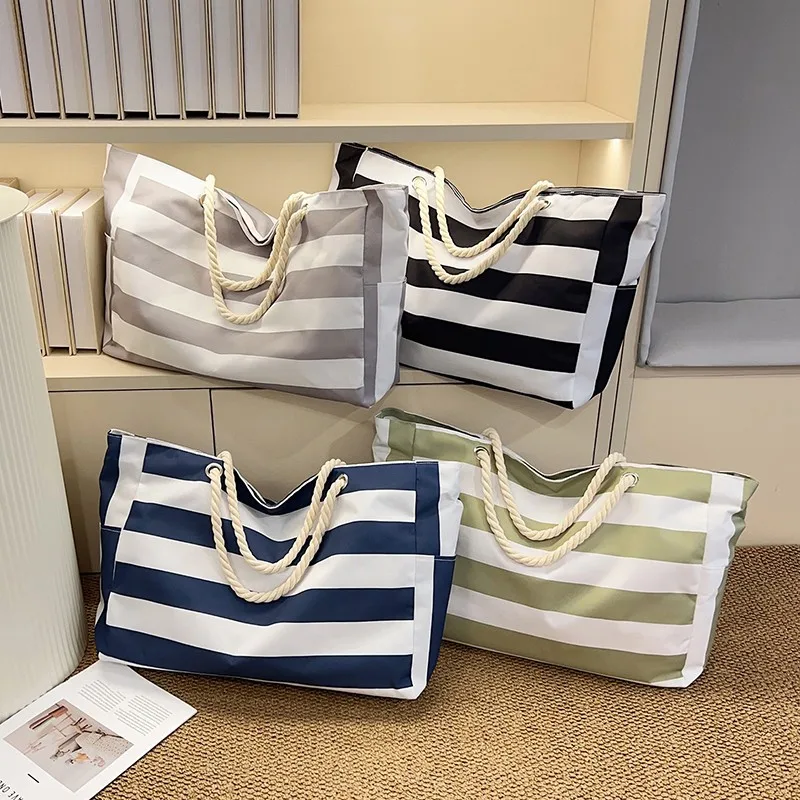 

Большая пляжная сумка в полоску, модная дорожная сумка с ручками, вместительная сумка для хранения, повседневная молодежная сумка из нейлона