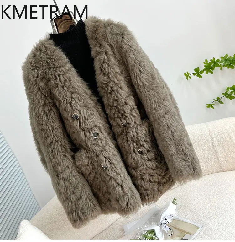 100% Natuurlijke Toscaanse Wol Schapenvacht Dubbelzijdig Bont Jas Vrouw V-hals Korte Echte Bontjas Vrouwen Winter Kleding Fourrure 2025