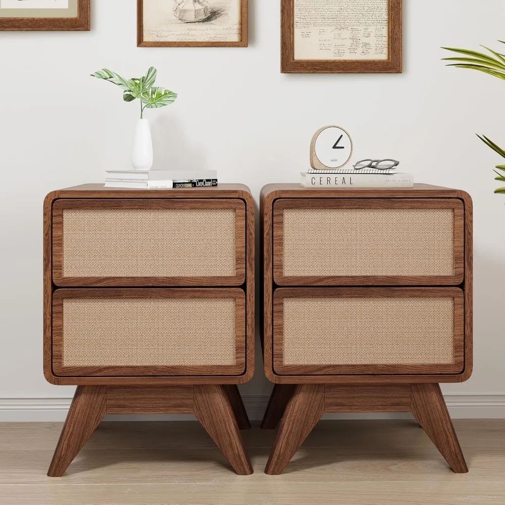 Pair of Mid-Century Modern Nightstands: Wooden Bedside Tables with Curved Edges, Two Drawers, and Solid Wood Legs