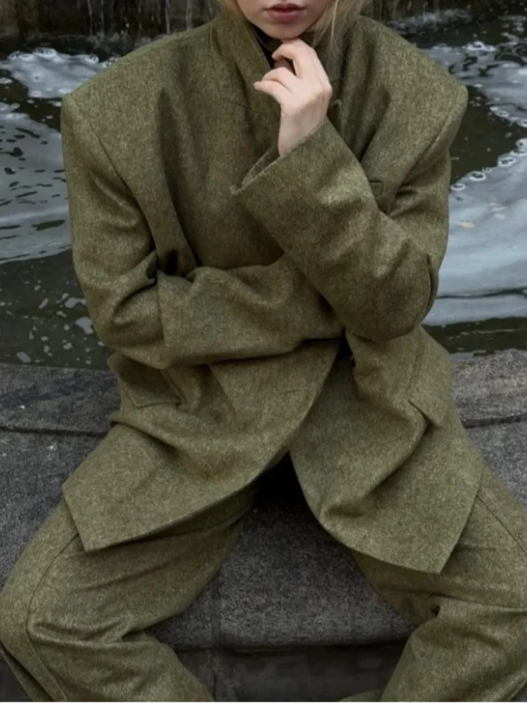 Blazer di lana Pantaloni Abiti da donna Risvolto Un bottone Maniche lunghe Spalline Set Donna 2025 Autunno Inverno Moda Solid Outwear