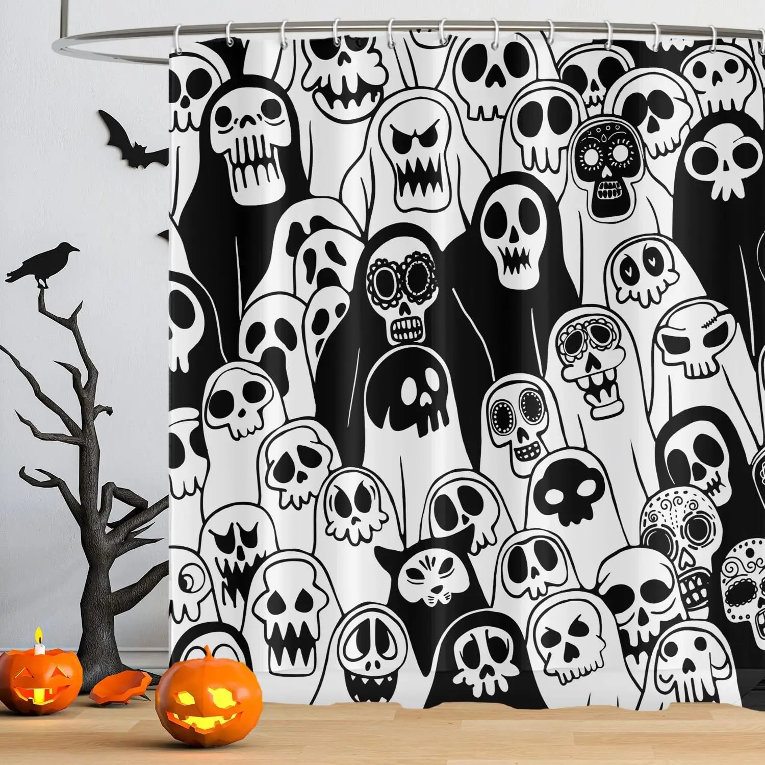 Halloween Skull Shower Curtain Spooky Skeleton with Ghost Horror Holiday Scary Halloween Bath Curtain Bathroom Decor