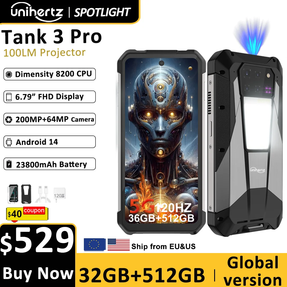 Unihertz Tank 3 Pro 8849 Smartphone with 100 Lumens 120Hz Projector 32GB+512GB 5G Phone 23800mAh 120W Fast Charger 200MP Camera