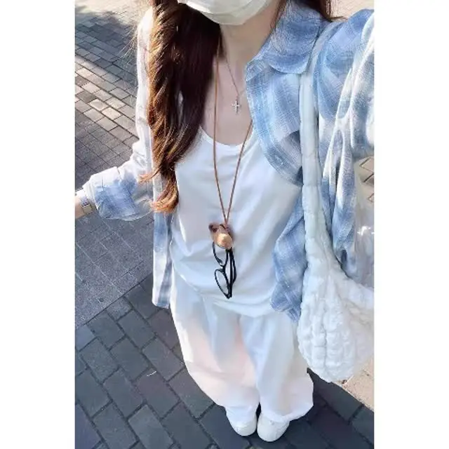 

Blue Plaid Long Sve irt Thin Design Summer Men Women Sun Protection Faionable Outerwear Ele Sle Stand Fit Pol...