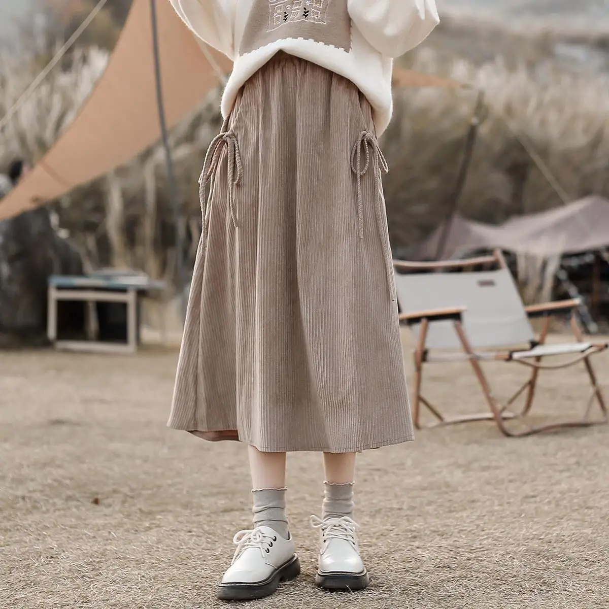 

Skirts Women A-line Mid Calf Leisure Students Solid Baggy High Waist Bow Pockets Femme New Sweet Gentle Fashion Autumn Winter