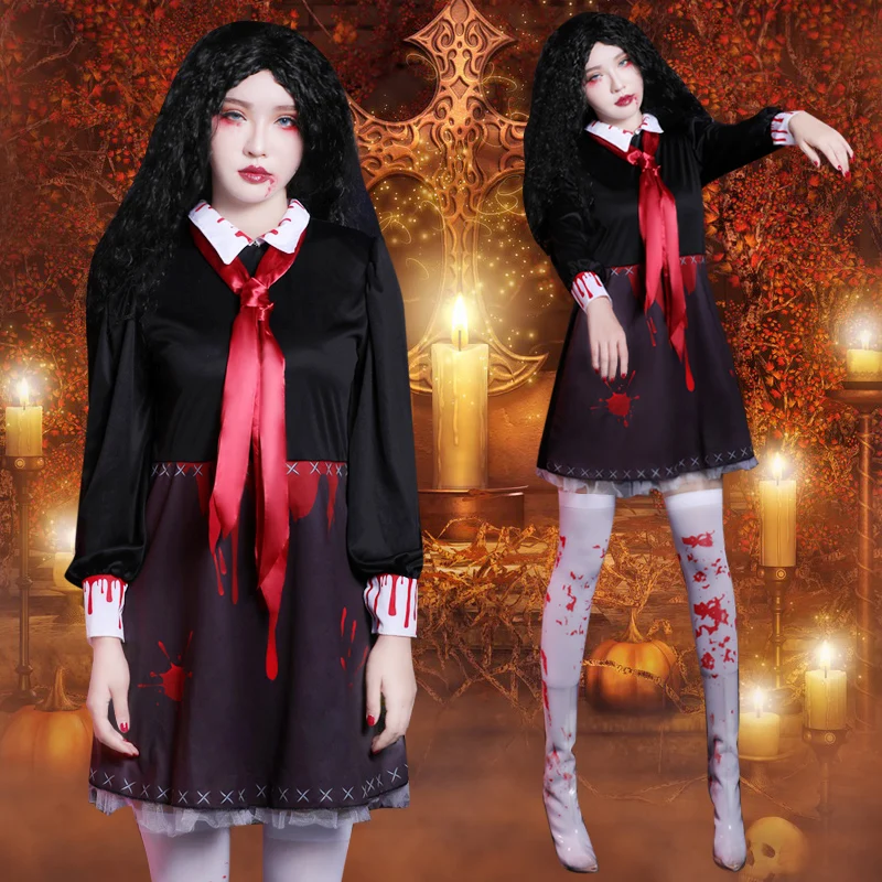 Harrow loween Adult Cosplay Costume Women's Role-plang Bloody Doll Witch Skirt Set Polyester Material Women's Faion