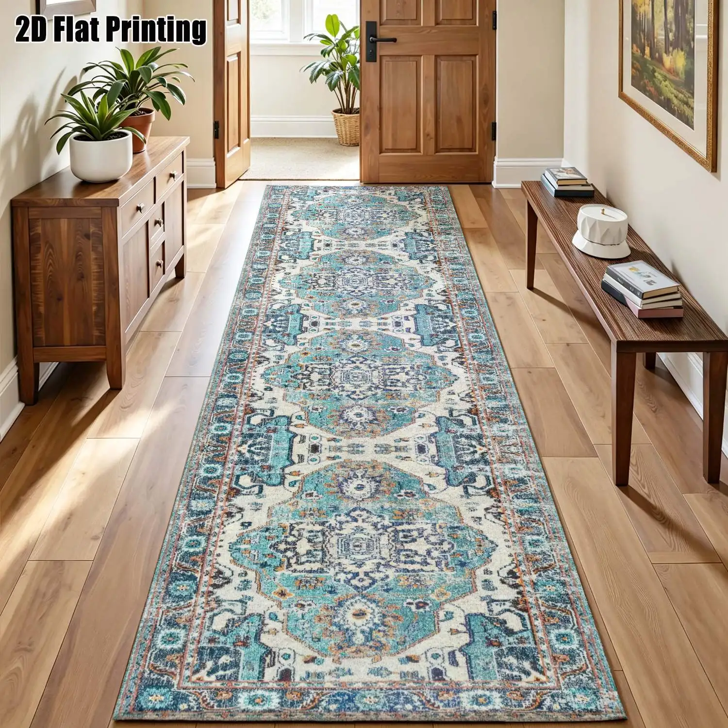 1Pc 2D Printed Long Strip Rug, Blue White Retro Floral Pattern European/Bohemian/Geometric Striped Style, Machine Washable, Multi Sizes, for Entrance, Hallway, Living Room, Bedroom Home Decor