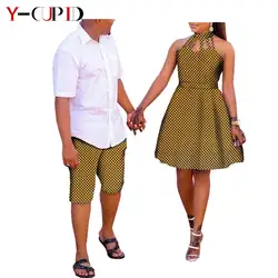 African Clothes for Couples Women Sexy Ankara Print Hollow Dresses Matching Men Shorts Pants Bazin Riche Love Clothing YA72C02