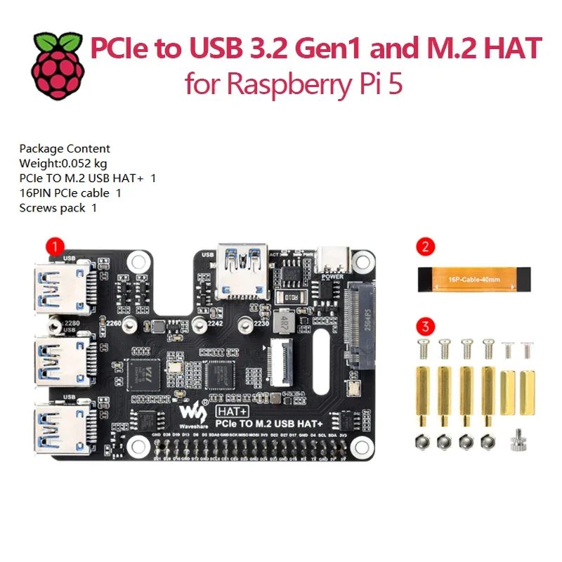 SmCpPCIe To USB 3.2 Gen1 And M.2 HAT For Raspberry Pi 5, Supports NVMe Protocol Solid State Drives With High-speed Reading.