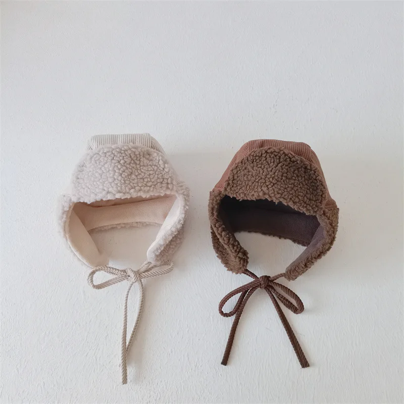 Autumn Winter Children Plus Velvet Earmuffs Windproof Coldproof Warm Corduroy Cap Boy Girl Baby Fleece Cotton Thicken Solid Hat