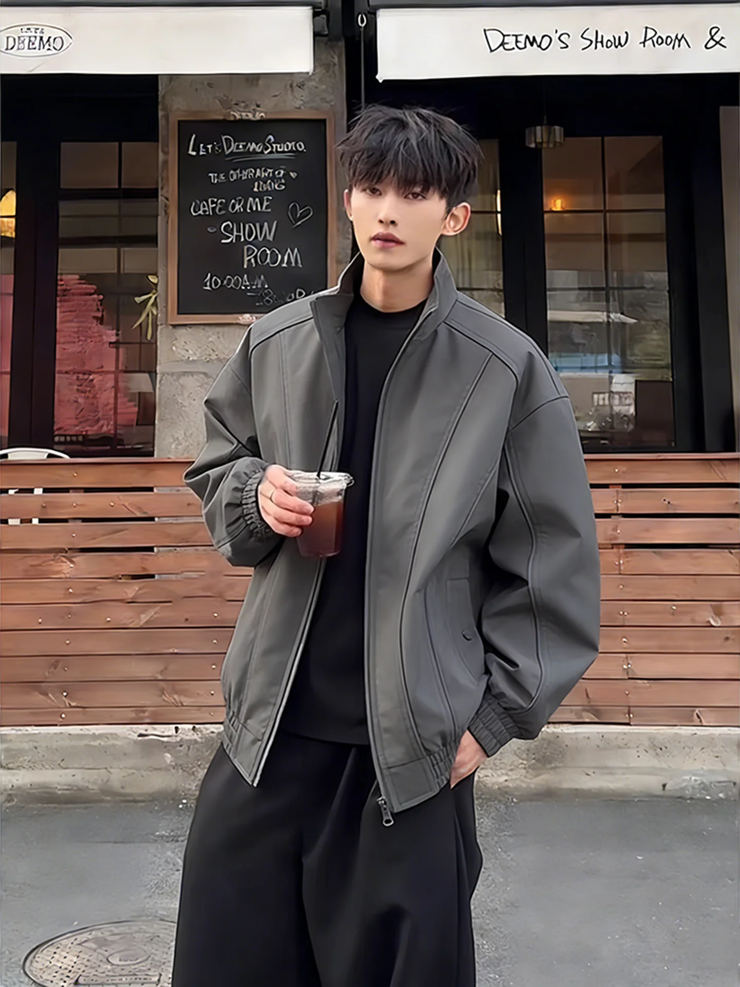Deep ey Stand Collar Pilot Jaet Men's Spring Autumn American Structure oulder Advanced Feeling Baseball orm Coat