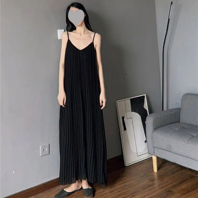 여름 플러스 사이즈 아이스 실크 플리츠 드레스 슬리밍 배 커버 롱 드레스 언더웨어 스트랩 드레스 출퇴근 시나리오용