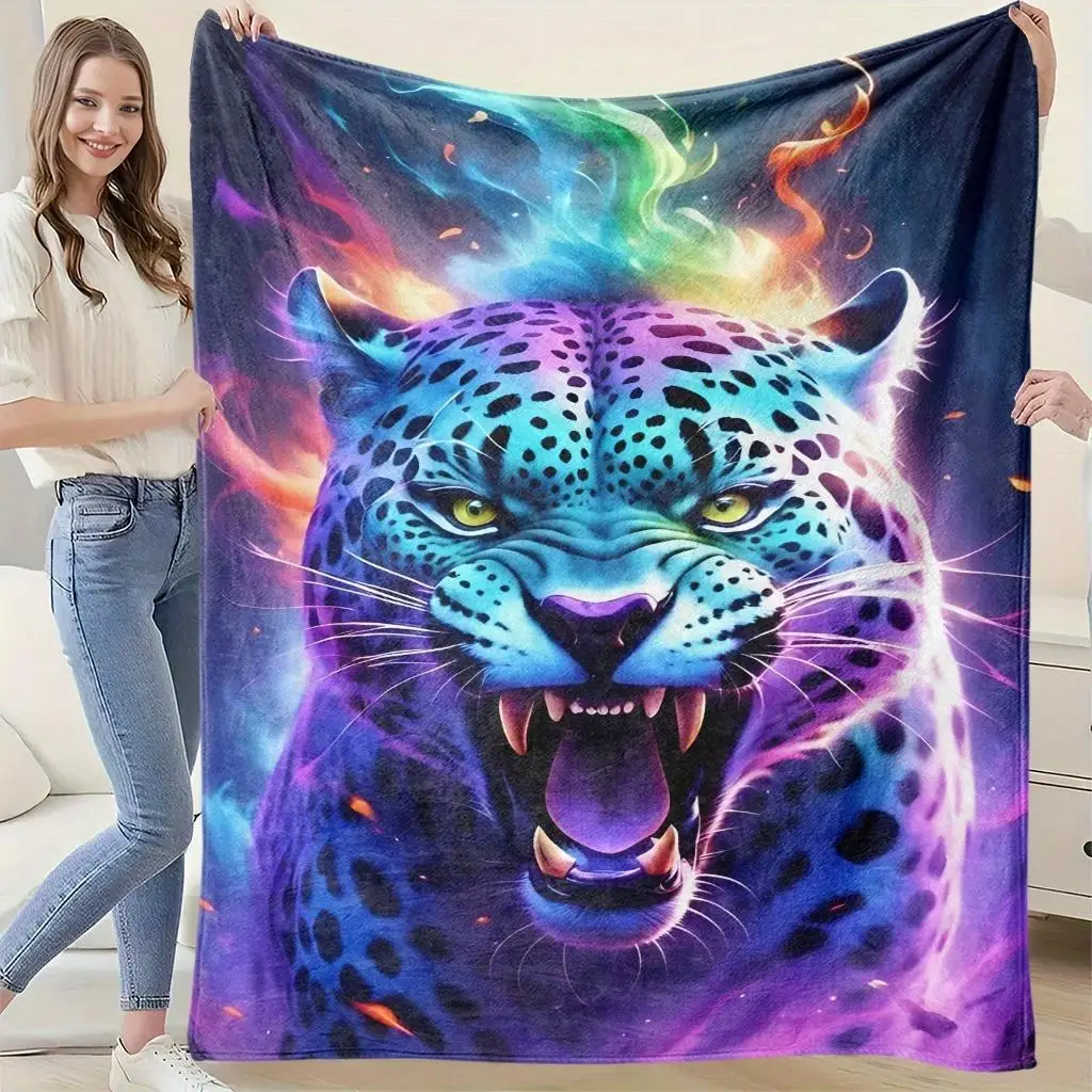 Colorful roaring leopard head pattern Flannel printed blanket suitable for all seasons for living room office sofa and travel