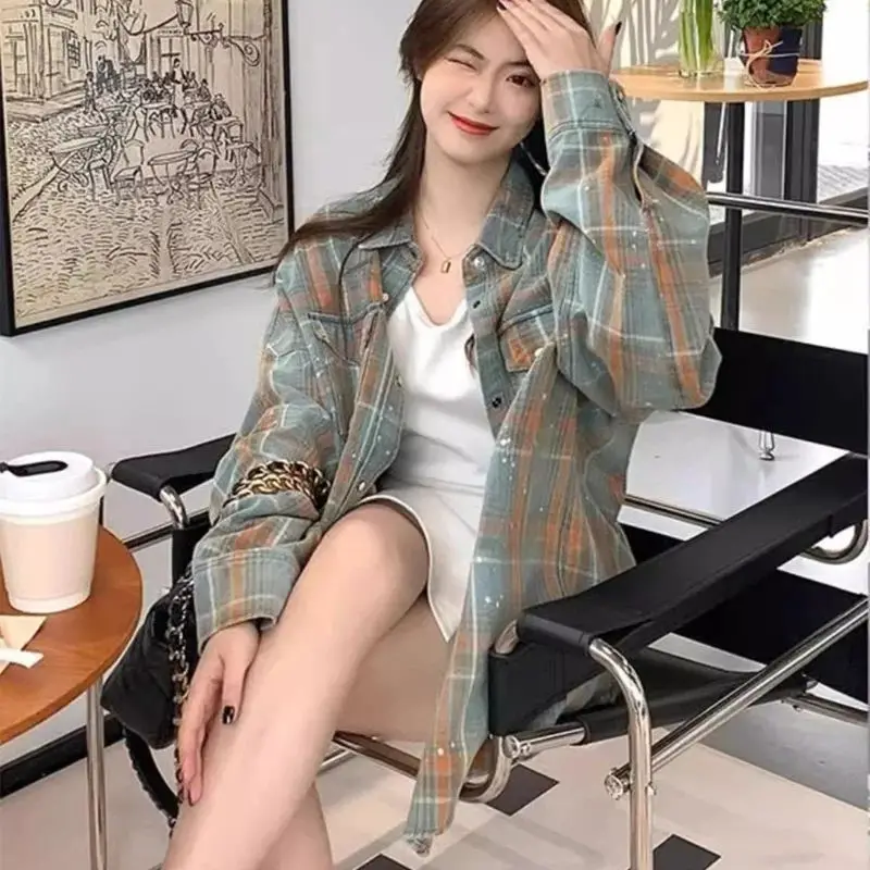 2024 Spring and Autumn New American Lazy Splash Ink Checkered Shirt Coat Women\'s Loose and Unique Design Sense Top Commuting S47