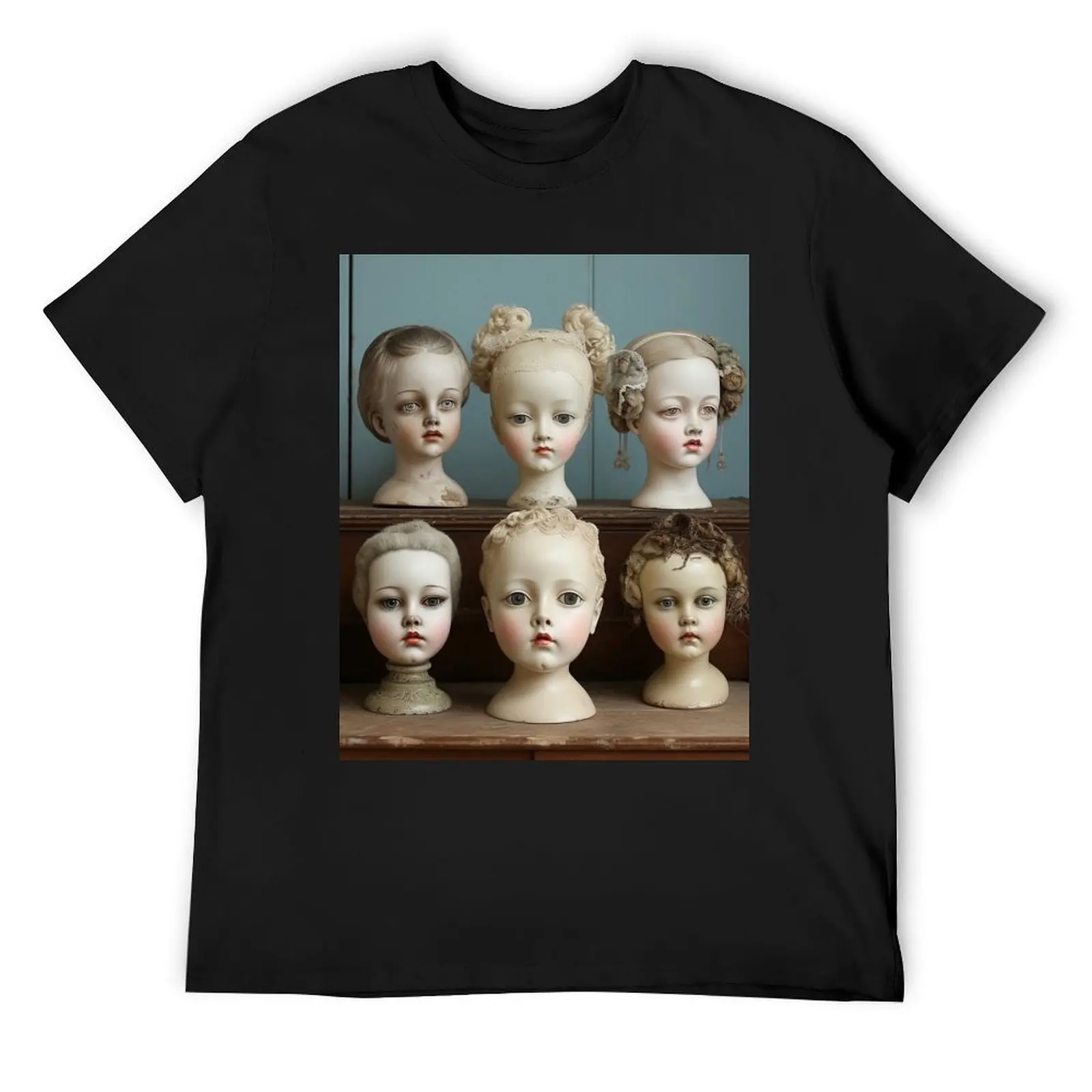 Collection of Antique Victorian Era Doll Heads T-Shirt vintage anime Blouse t shirts men