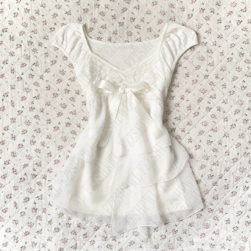 Сплошной цвет, винтажные милые женские укороченные топы Y2K, шикарные кружевные уличные топы в стиле Харадзюку в стиле хип-хоп с милым бантом, тонкие универсальные укороченные топы в стиле эмо для девочек