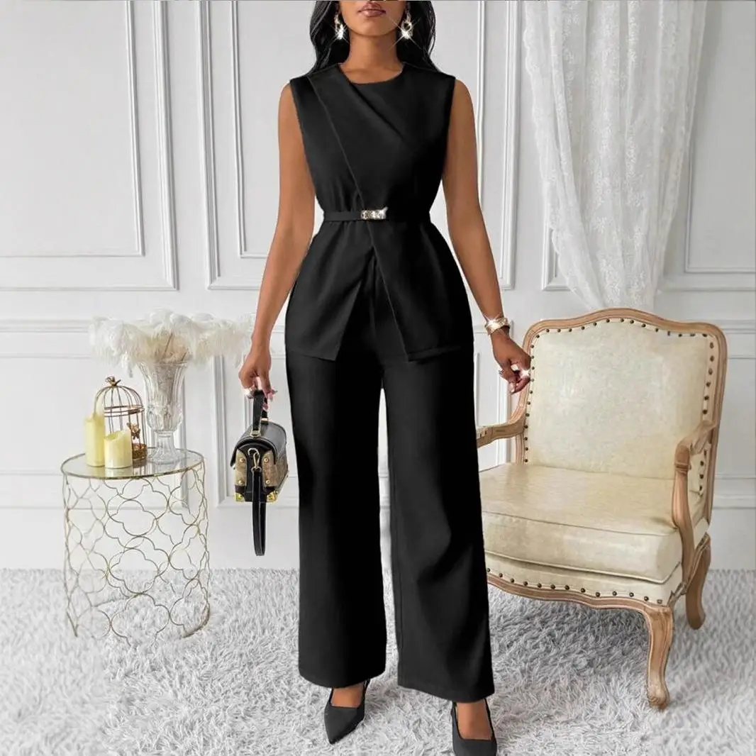 

Casual Pure Color Two-Piece Set with Sve Belt Spring Summer New Arrival Women's Faion Cross-Border Long Pants Ensemble