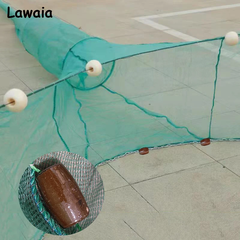 Lawaia Shrimp Cage with Iron Chain Pendant Fishing Trap Net Folding Fishing Cage Foam Float Small Mesh 2M/3M Large Entrance