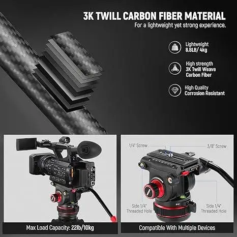 Imagem -04 - Neewer-tripé Compacto de Fibra de Carbono com Cabeça Fluida Placa qr Compatível com Dji Gimbals Manfrotto Tp76 197 m