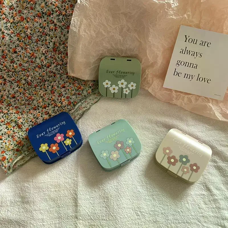 Korean Style Floral Contact Lens Case Portable Women Travel Set with Mirror Tweezers Waterproof