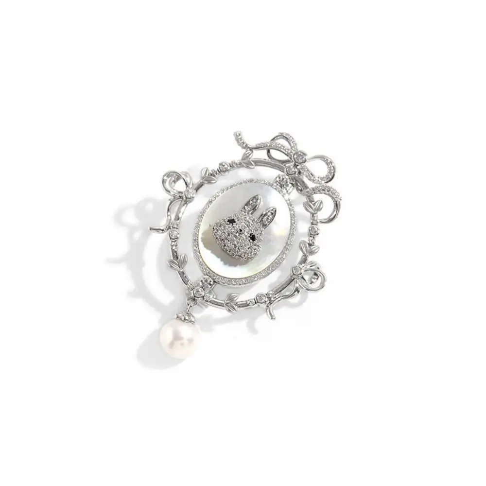 Decoration Vintage Rabbit Zircon Pin Light Luxury Rabbit Natural Shell Pearl Brooch Natural Galvanized Party