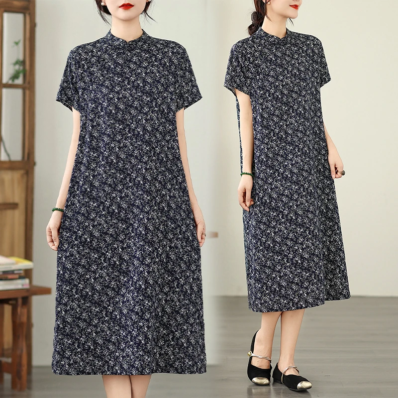 

Летняя свободная утягивающая хлопково-льняная юбка Ципао с цветочным принтом, этническая юбка на пуговицах, модифицированная традиционная китайская одежда