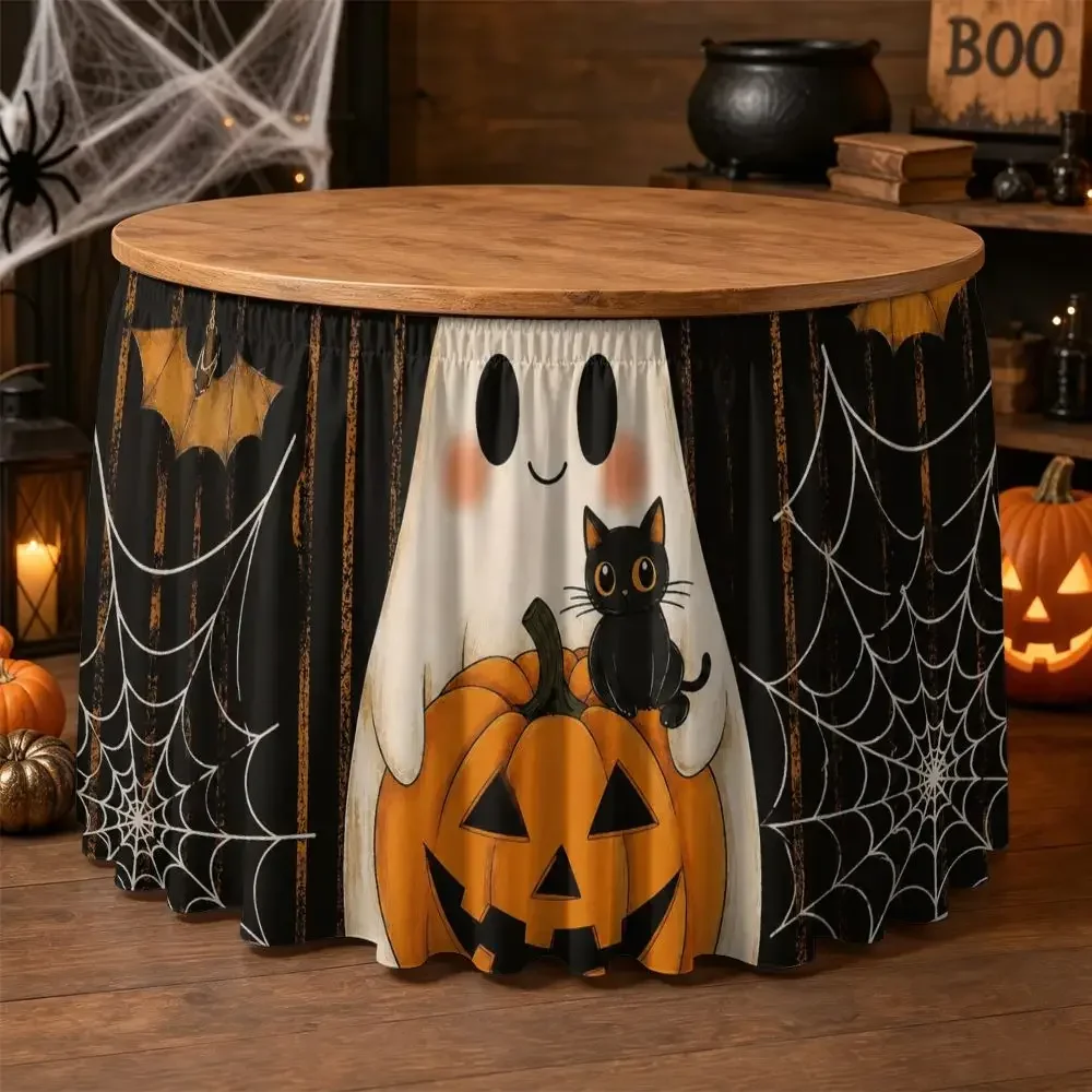 1 Halloween party table dress, 2D flat ghost handheld pumpkin and black cat pattern
