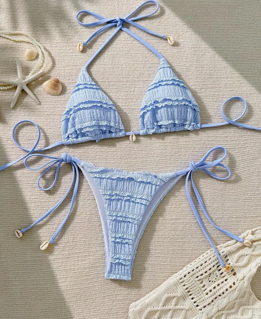 

Сексуальные небесно-голубые комплекты микро бикини из двух частей, простой купальник с завязками на шее, пляжная одежда, купальный костюм, купальники, бикини, танкини