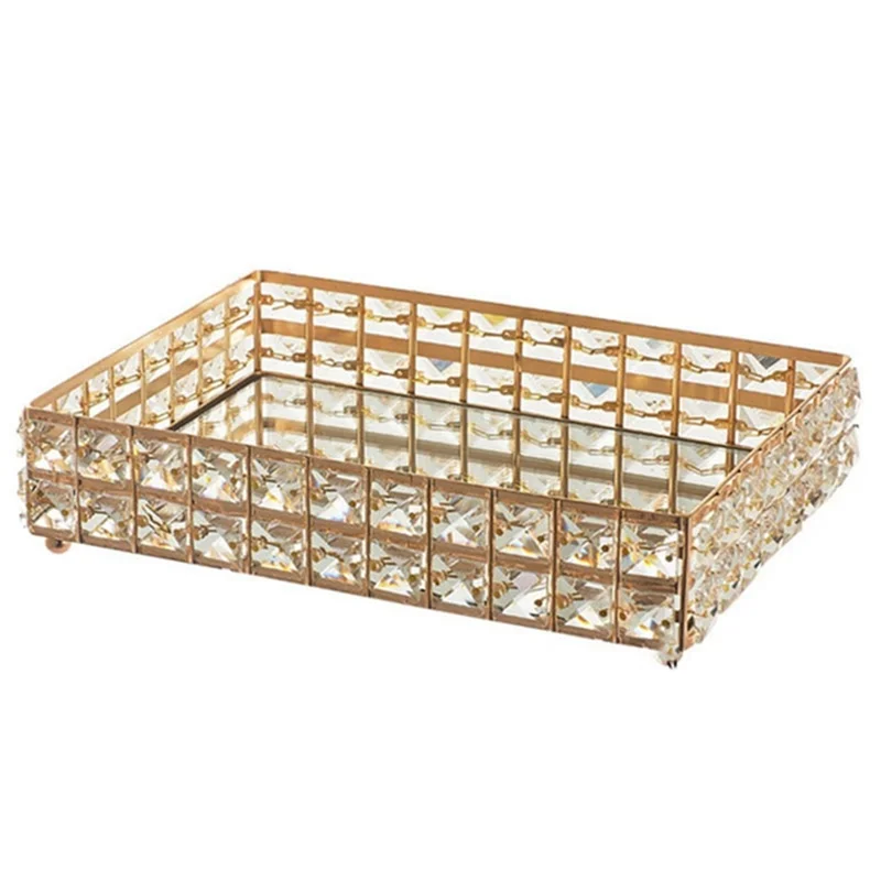 

1PC Square Crystal Tray Household Cosmetics Storage Pallet Fruit Container Snacks Plate Wedding Decor Supplies -Gold