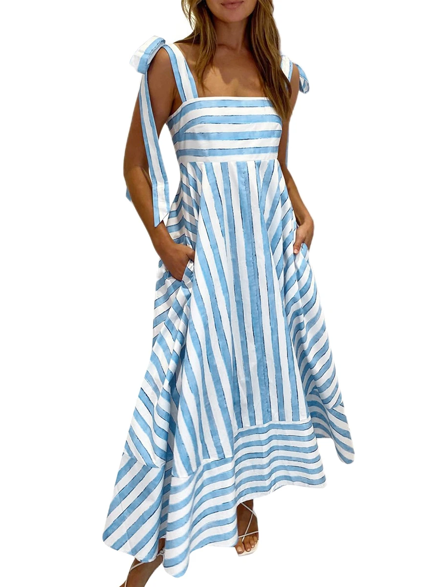 Women s Long Tank Dress Loose Fitting Striped Square Neck Sleeveless Tie-Up Ruffled Swing Dress with Pockets