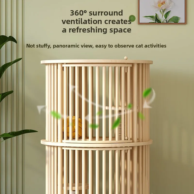 Round solid wood cat cage, cat cage, household indoor cat house